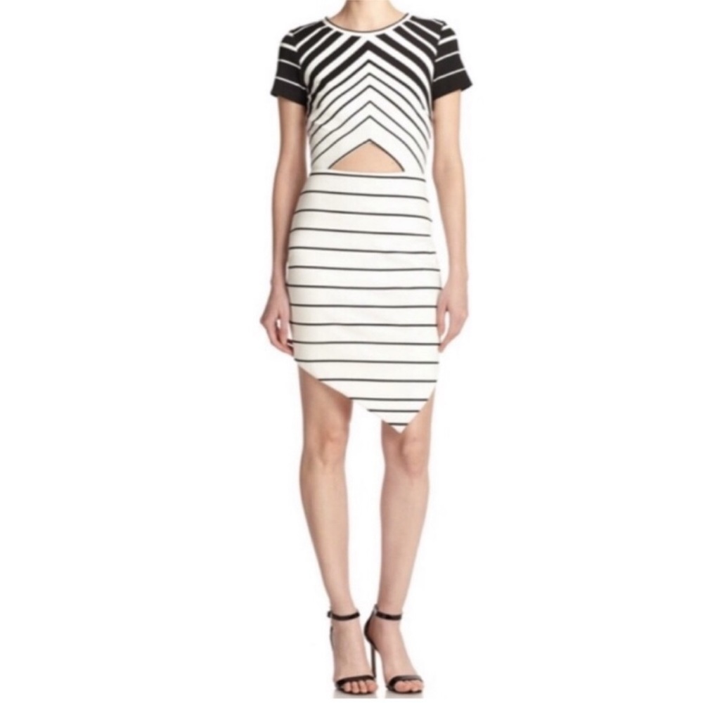 Bec & Bridge Zodiac Asymmetrical Hem Bodycon Dress Black & White Striped Angle 4